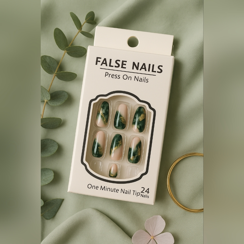 Green and Cream Press On Nails